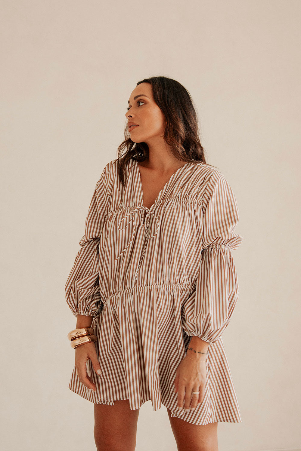 Chocolate Tan and White Striped Naloo Maternity Dress by Sabo