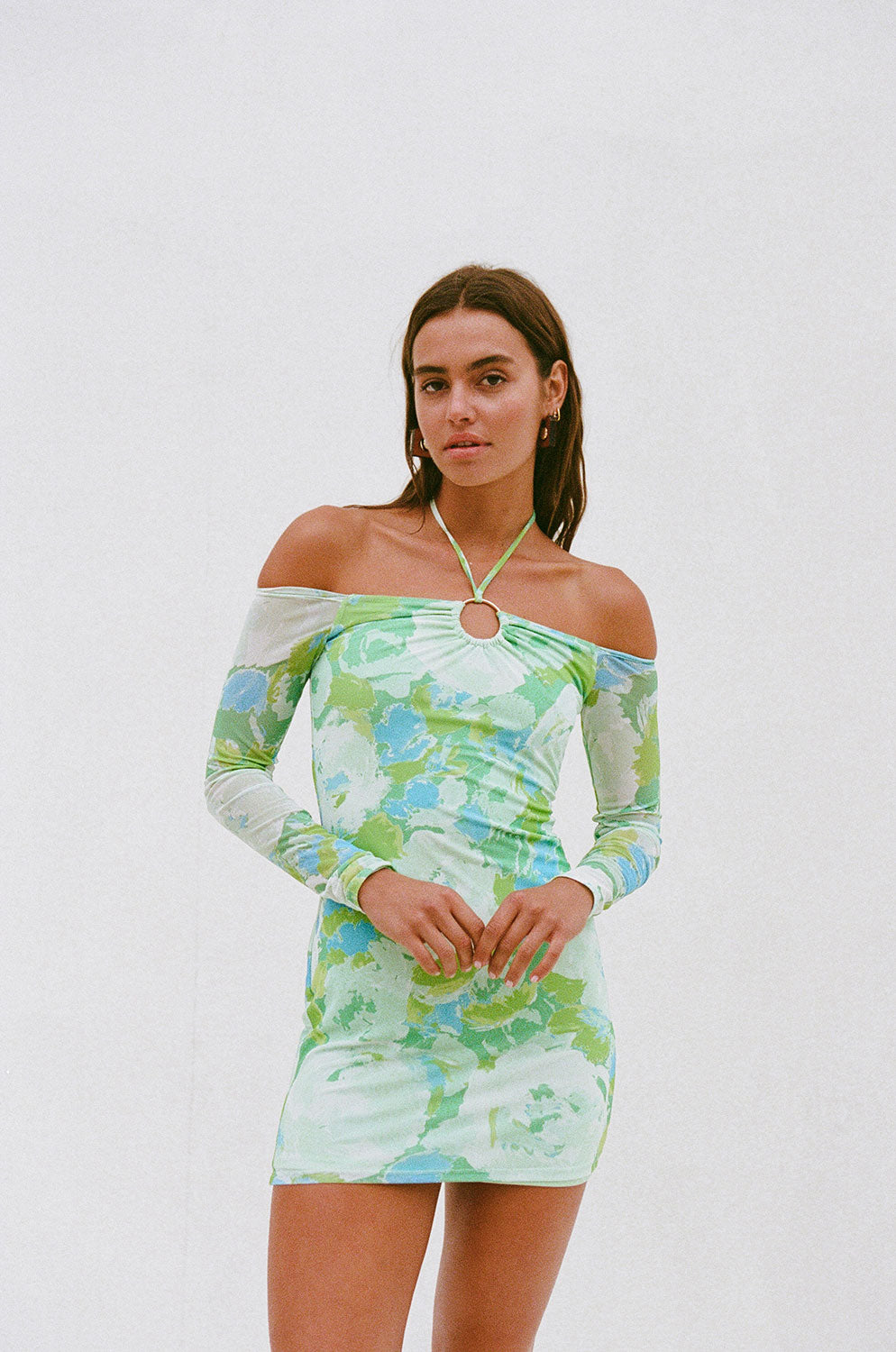 90s-Inspired Zaira Mesh Dress with Moss Water Lilies Print
