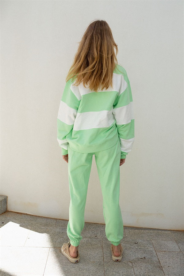 Elegant Green and White Striped Natural Terryback Cotton Wisteria Sweater