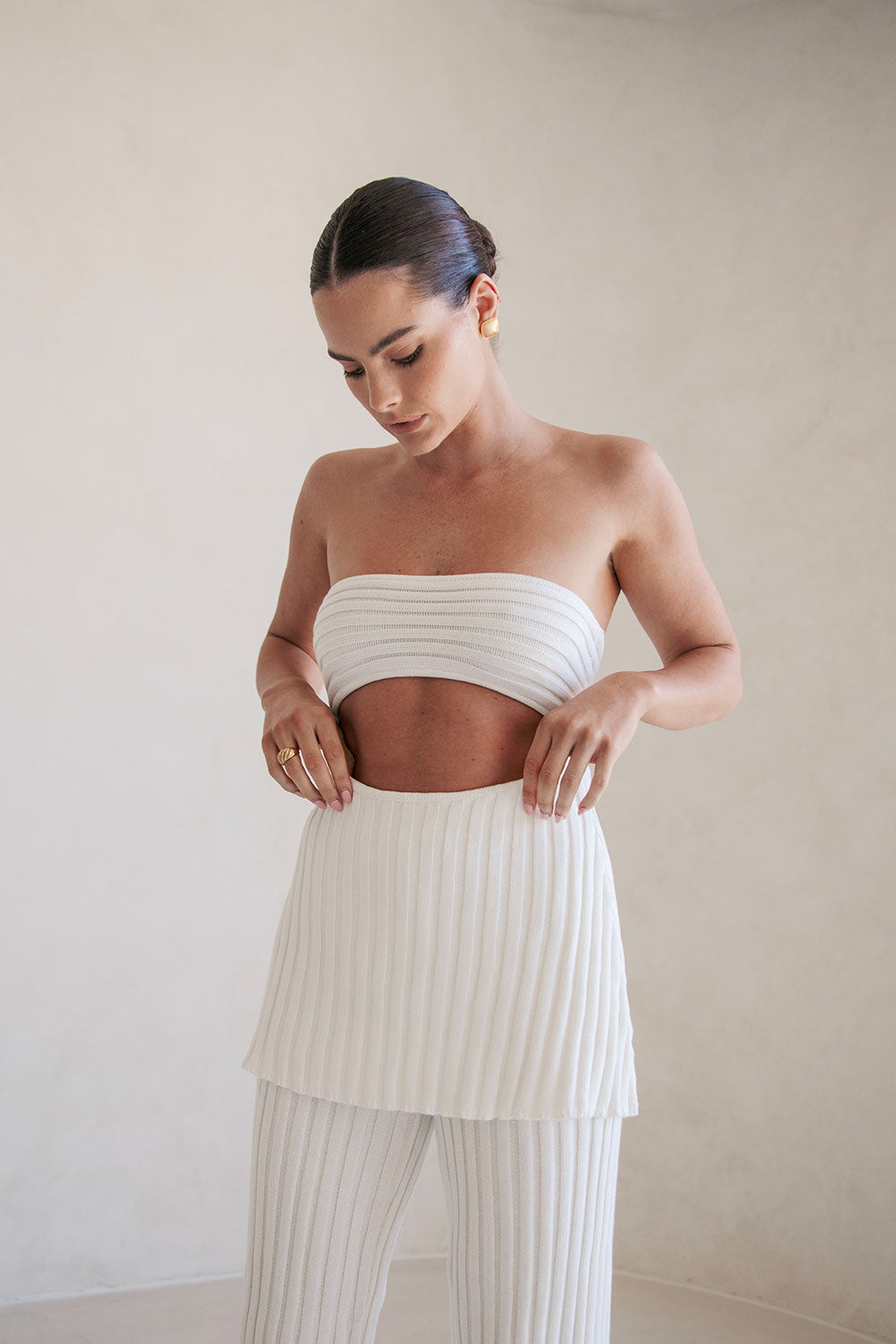Exclusive White Natural Ribbed Knit Strapless Stevie Top