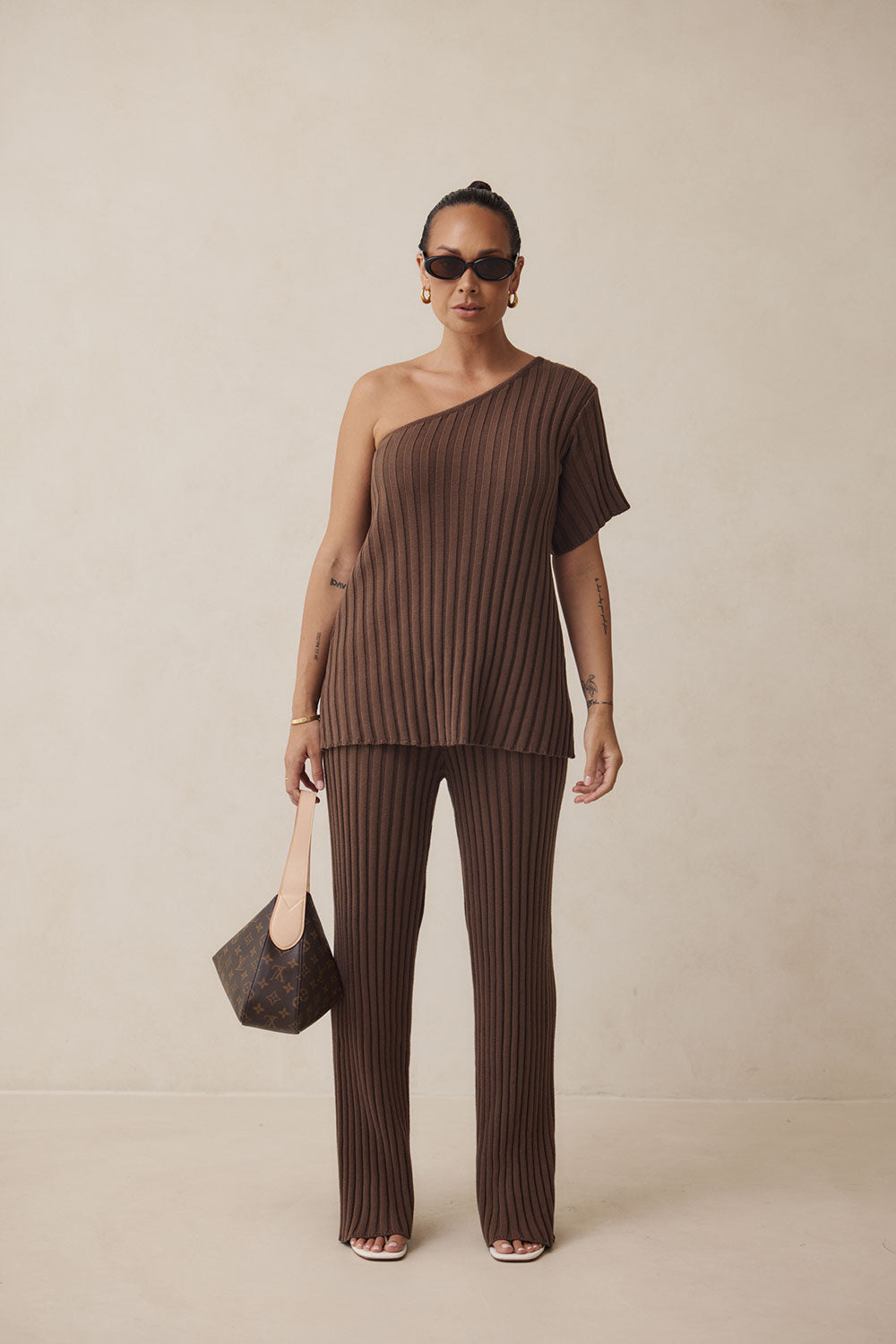 Stylish Chocolate Brown Natural Ribbed Cotton Knit Neena Women's Pants
