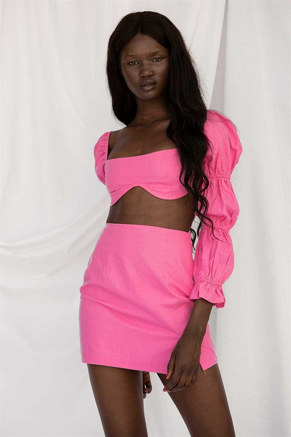 Vibrant Pink Natural Cotton - Linen Blend High - Waisted Jade Skirt