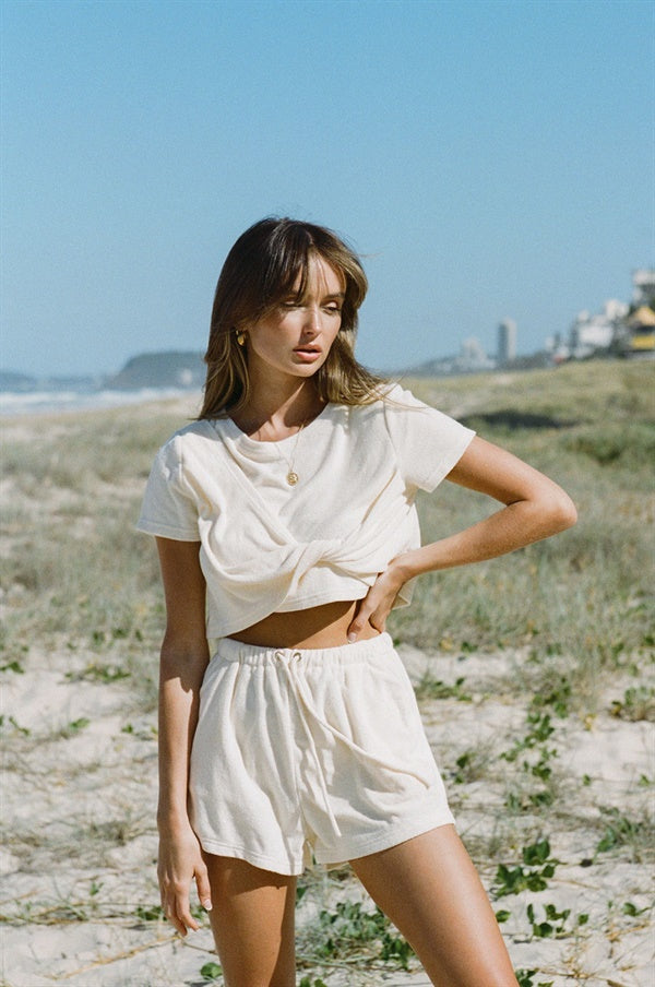 Alchemy Cream-colored Towelling Semi-cropped Twist Top