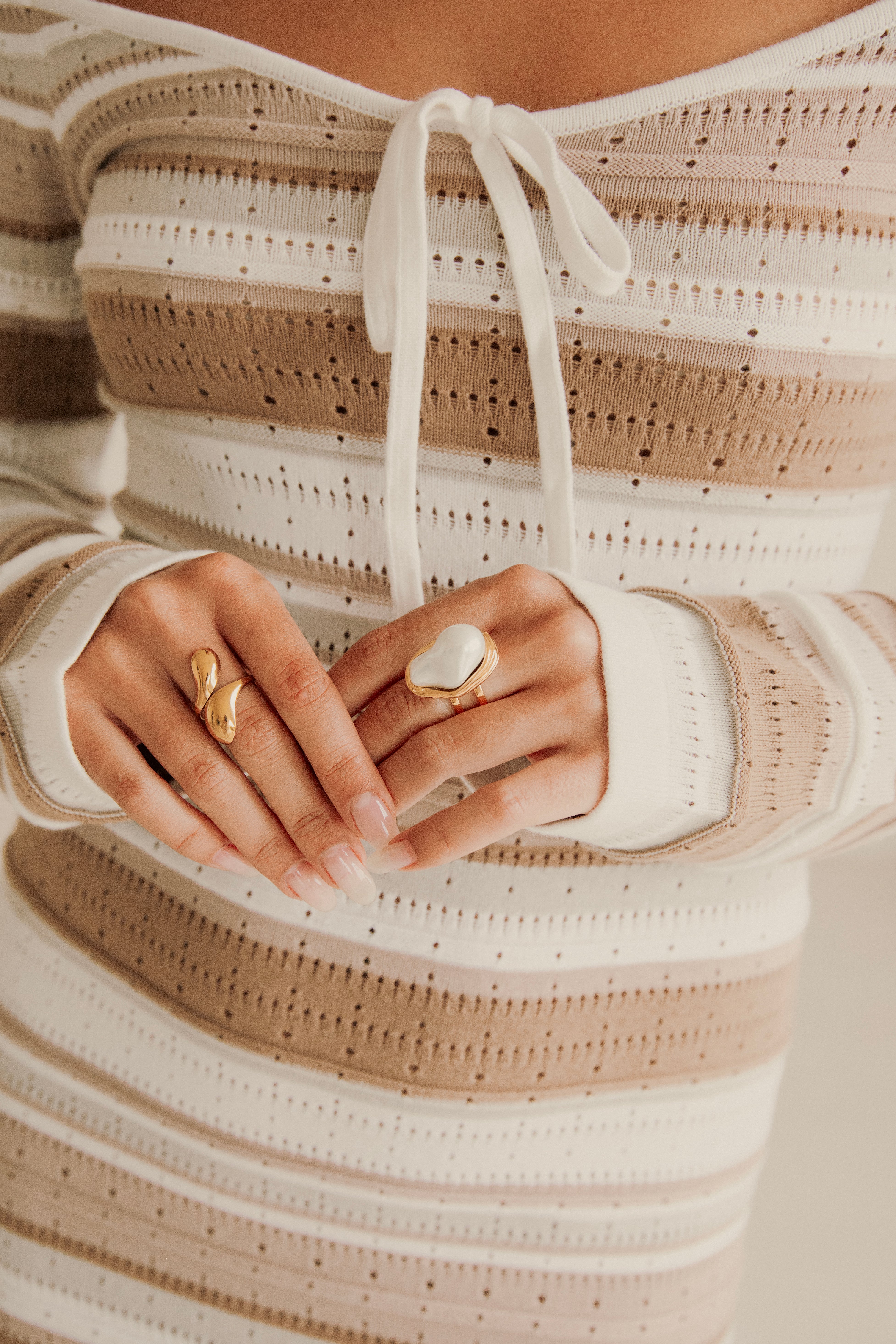 Exquisite Adjustable Gold - Toned Twin - Band Gaia Ring with Bold Vegan Pearl and Gold Border