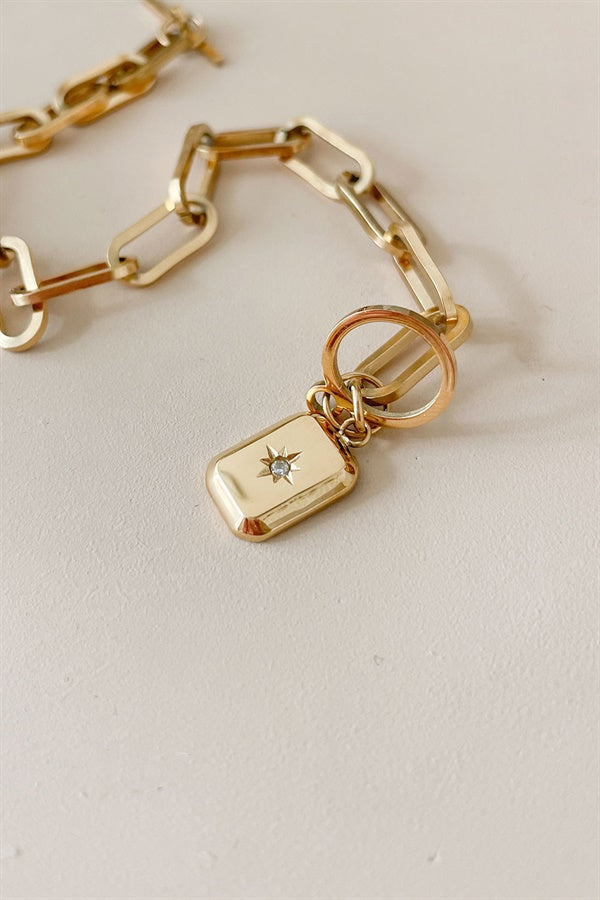Stylish Gold - Toned T Bar Luminous Charm Link Bracelet