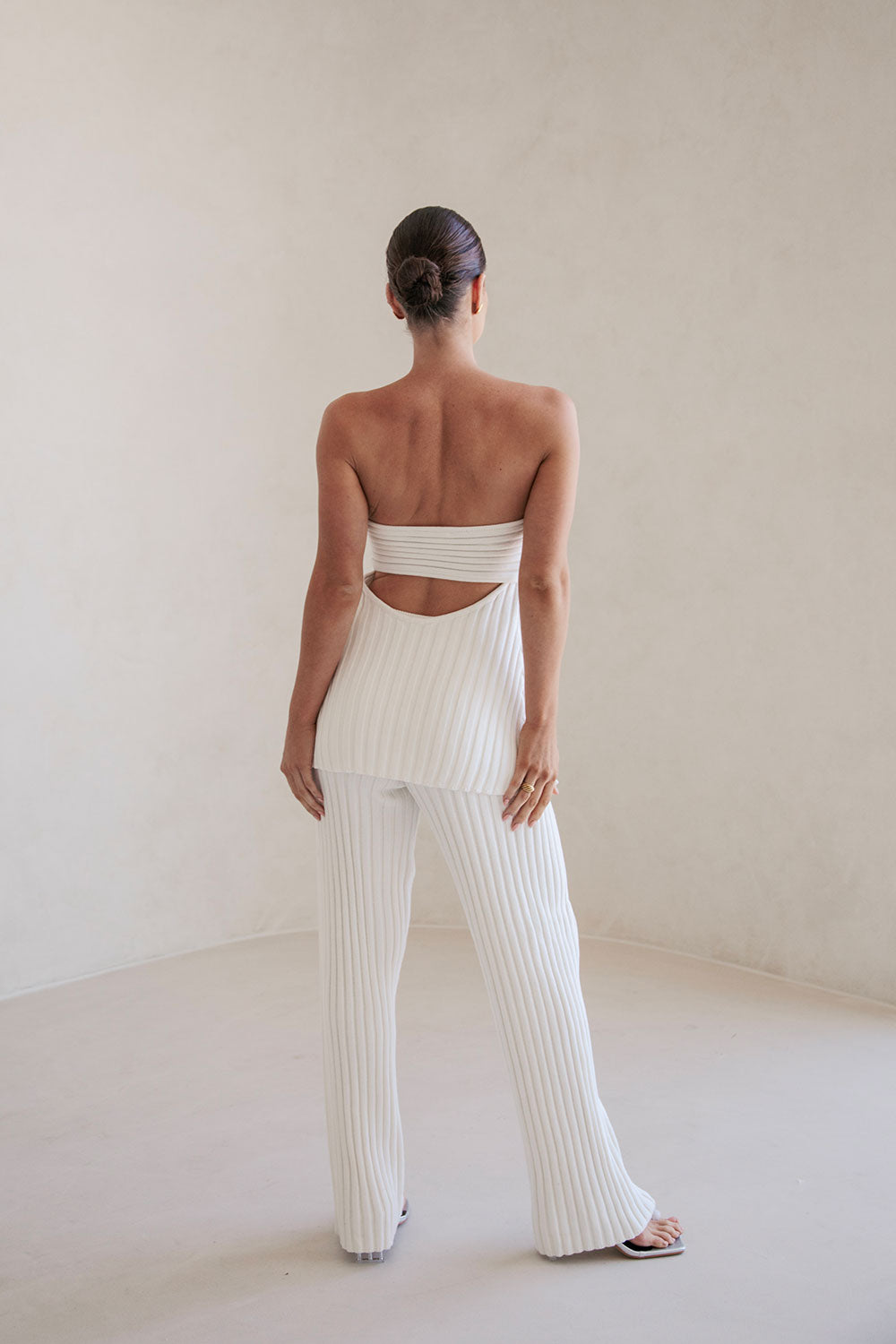 Exclusive White Natural Ribbed Knit Strapless Stevie Top