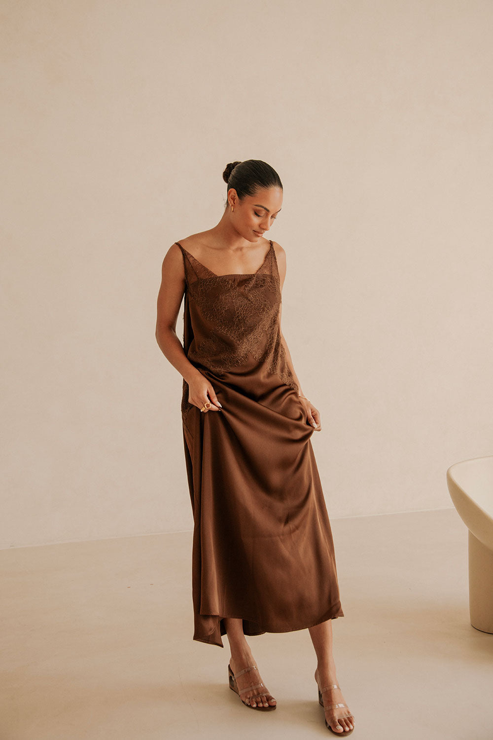 Exquisite Chocolate Brown Strapless Lace-Overlay A-Line Maxi Aelin Dress