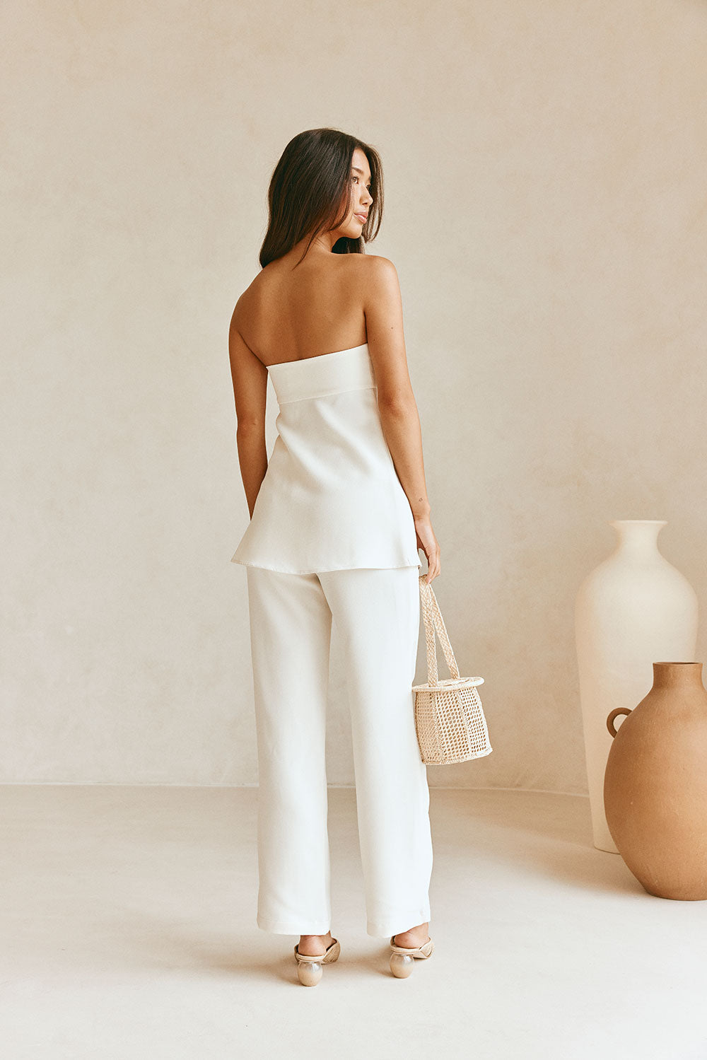 Elegant Cream - Colored Aila High - Waisted Suiting Pants with Gold - Toned Belt