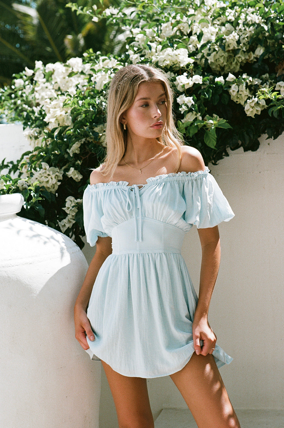 Blue Nyrobi Off - Shoulder Dress with Puff Sleeves and Corset Waist