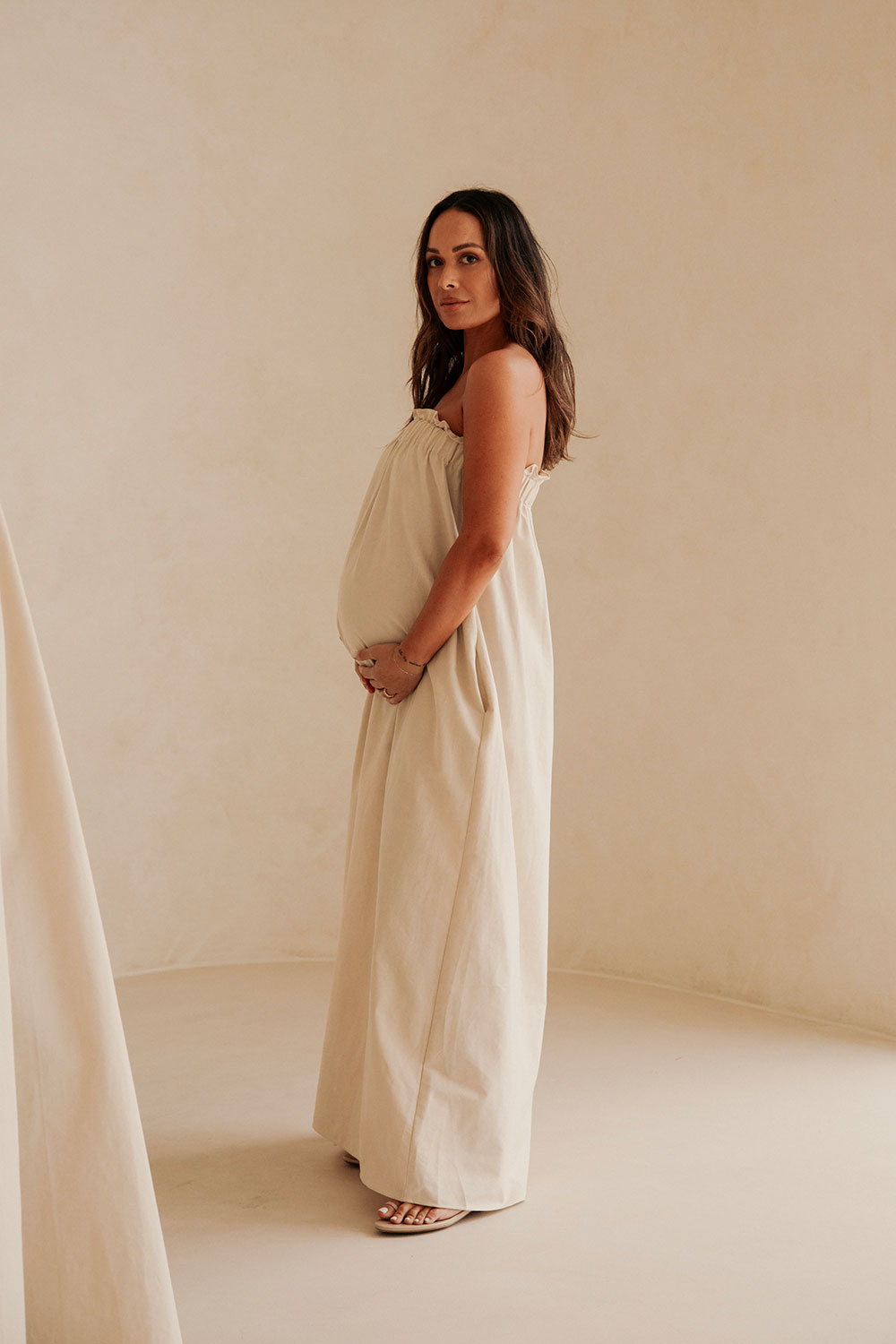 Exquisite Creamy Beige Strapless Ruffle Lila Maxi Dress from SABO x Kayla Boyd