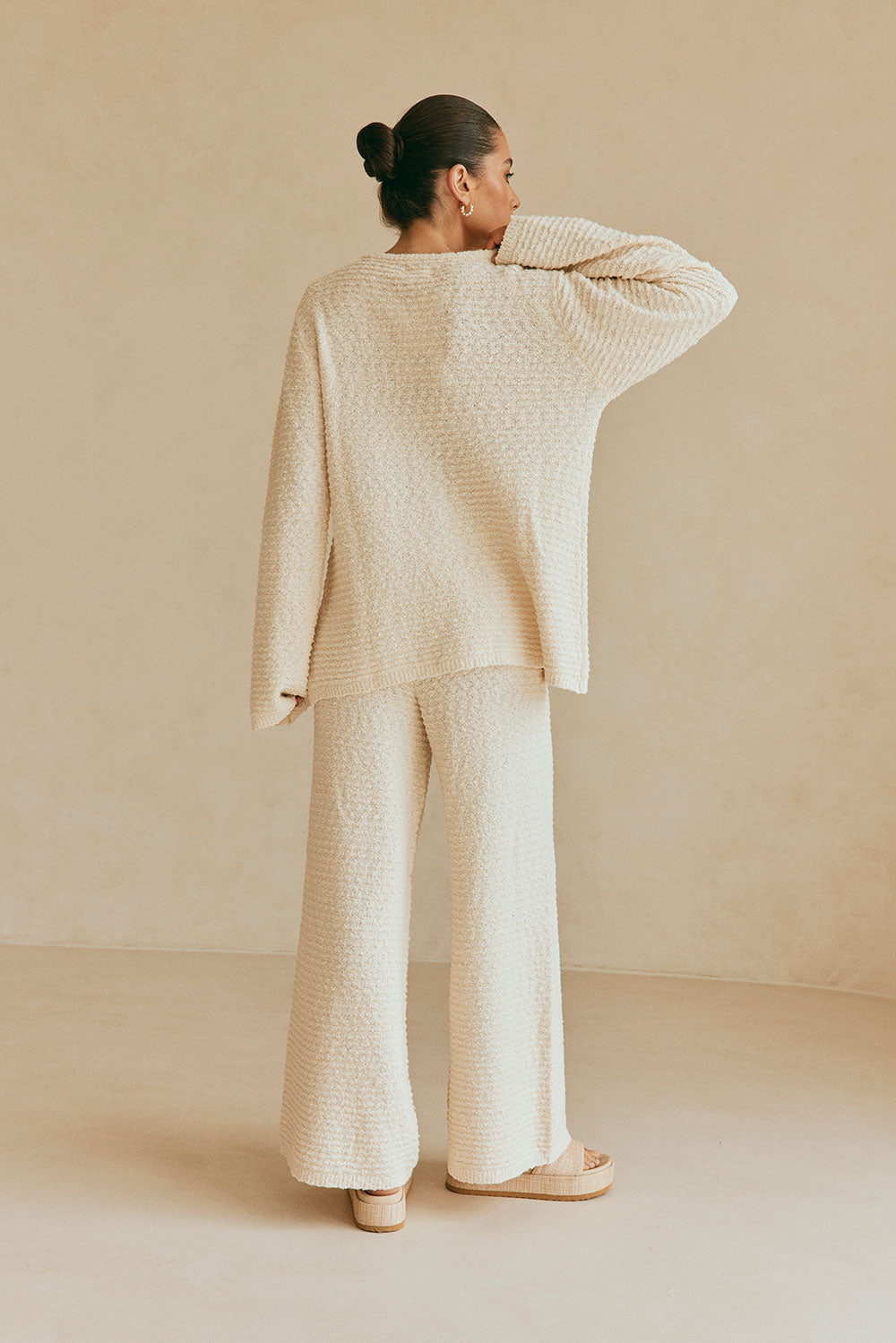 Cozy Cream Cotton Blend Boucle Knit Mara Top with Asymmetric Design