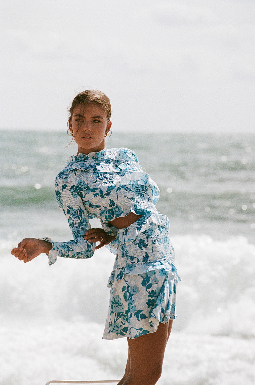 Elegant Rozalia Frilled Women's Dress with Azure Flora Print