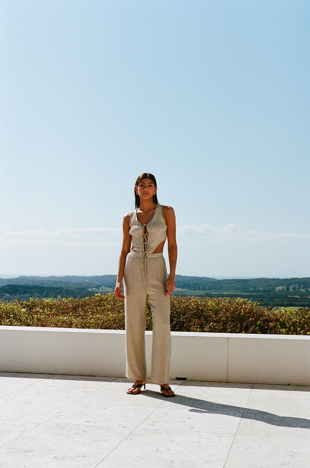 Stylish Henley Grey Taupe High - Waisted Wide - Leg Pants