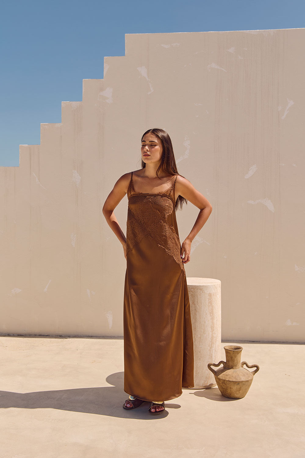 Exquisite Chocolate Brown Strapless Lace-Overlay A-Line Maxi Aelin Dress
