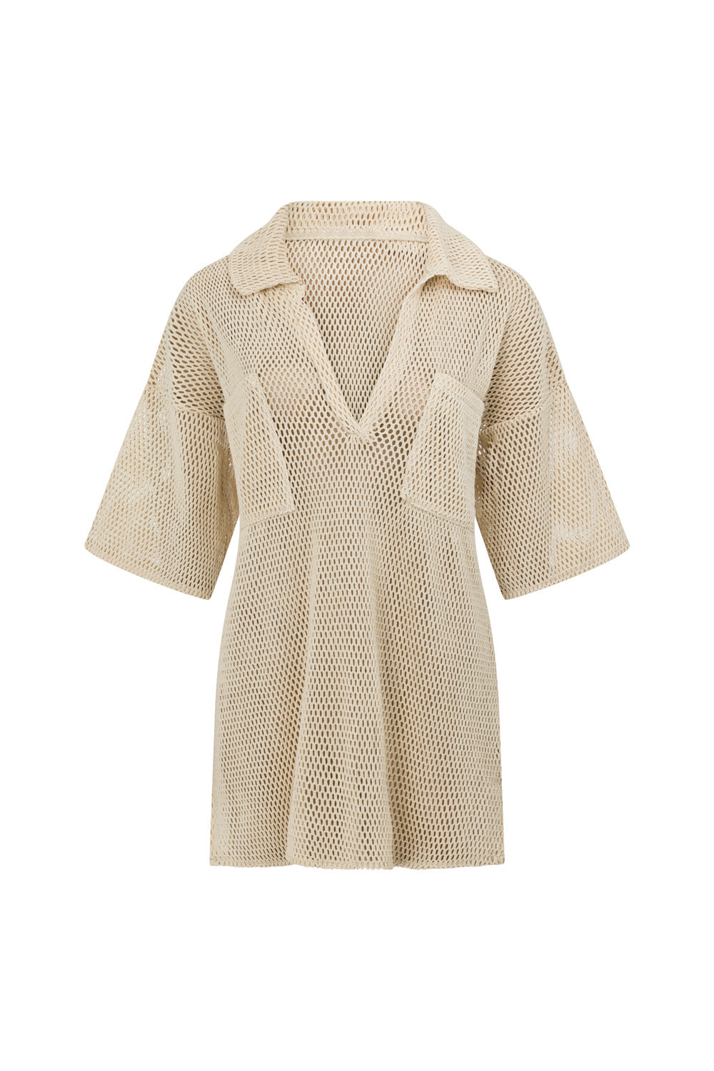 Beige Sheer Cotton Mesh Relaxed Bane Top with Collar and Pockets
