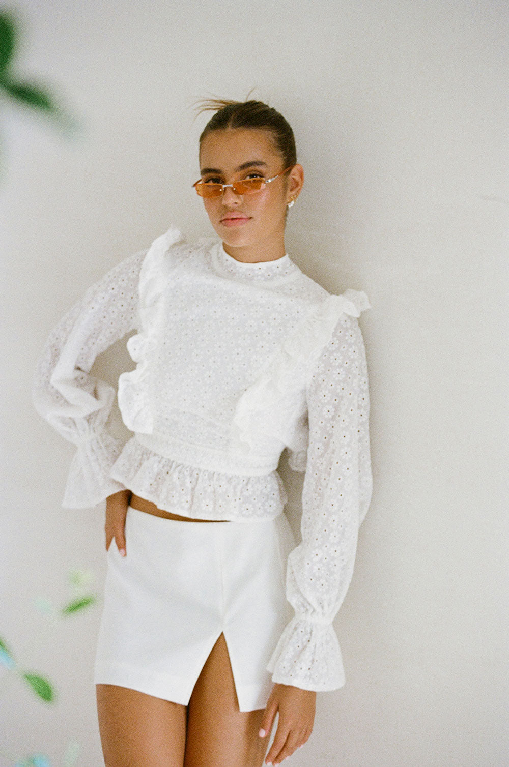 Exquisite Off-White Embroidered Nubia Top with Puff Sleeves