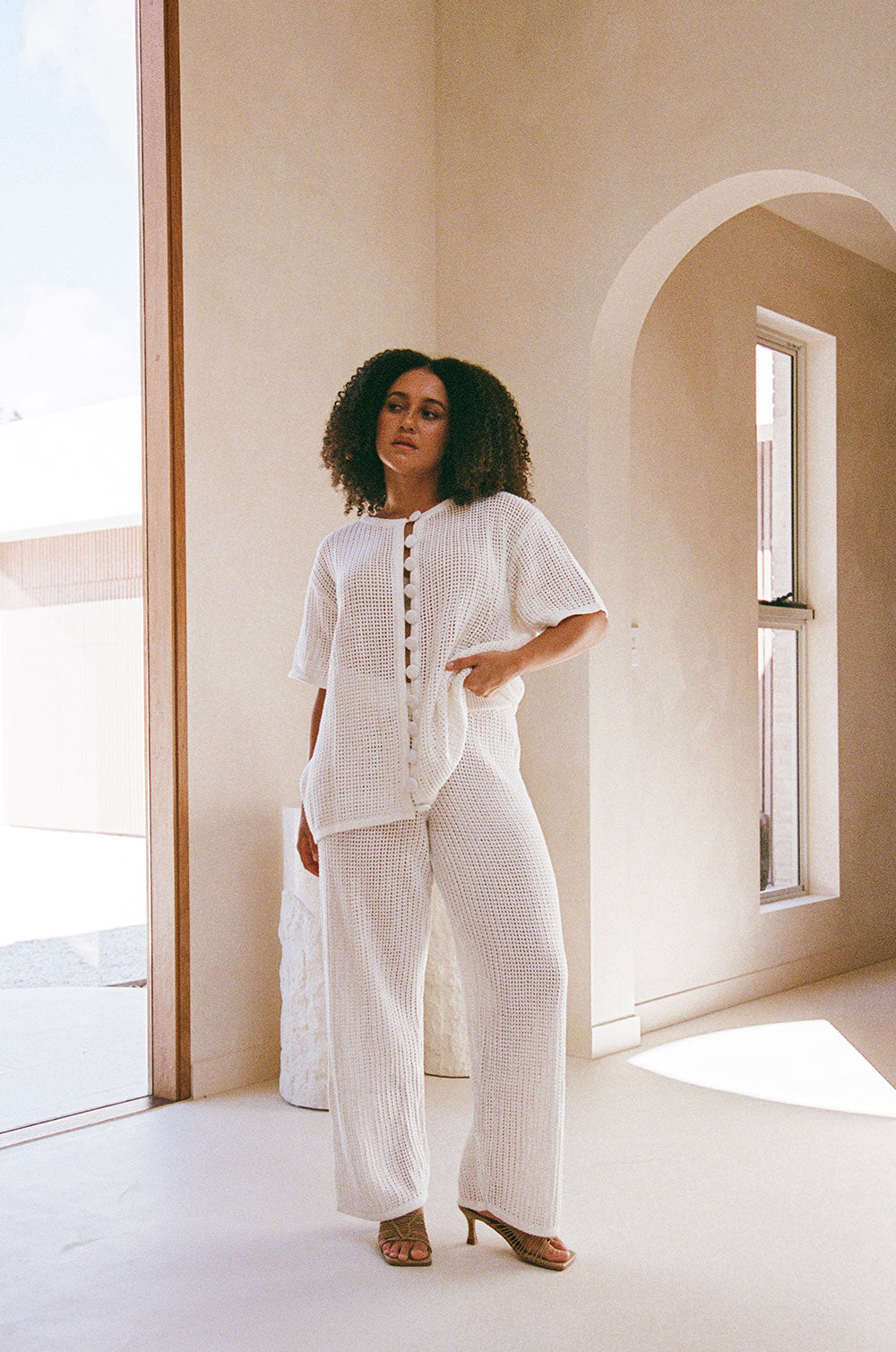 Elegant Cream-Colored Zayna Crochet Knit High-Waisted Wide-Leg Pants