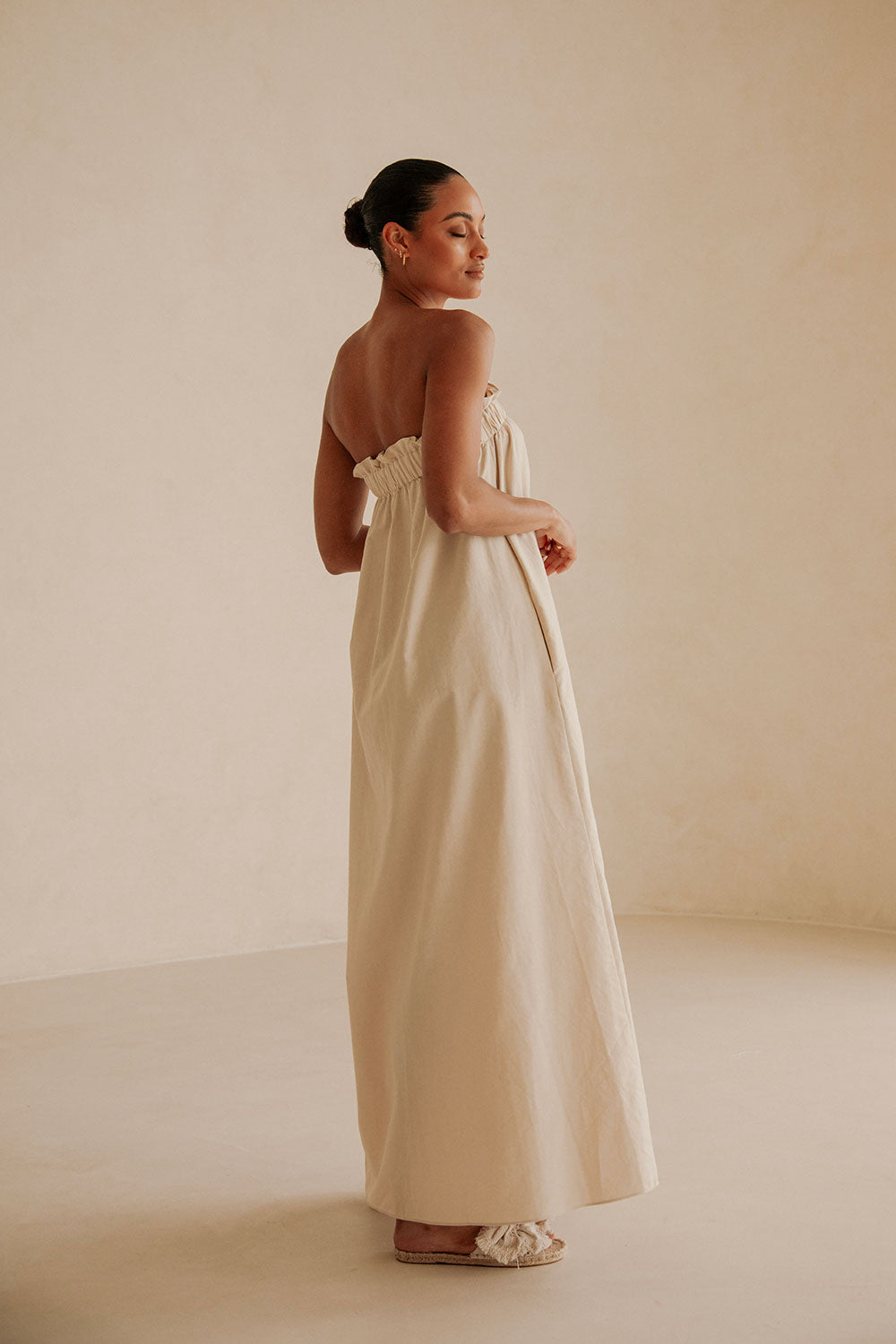 Exquisite Creamy Beige Strapless Ruffle Lila Maxi Dress from SABO x Kayla Boyd