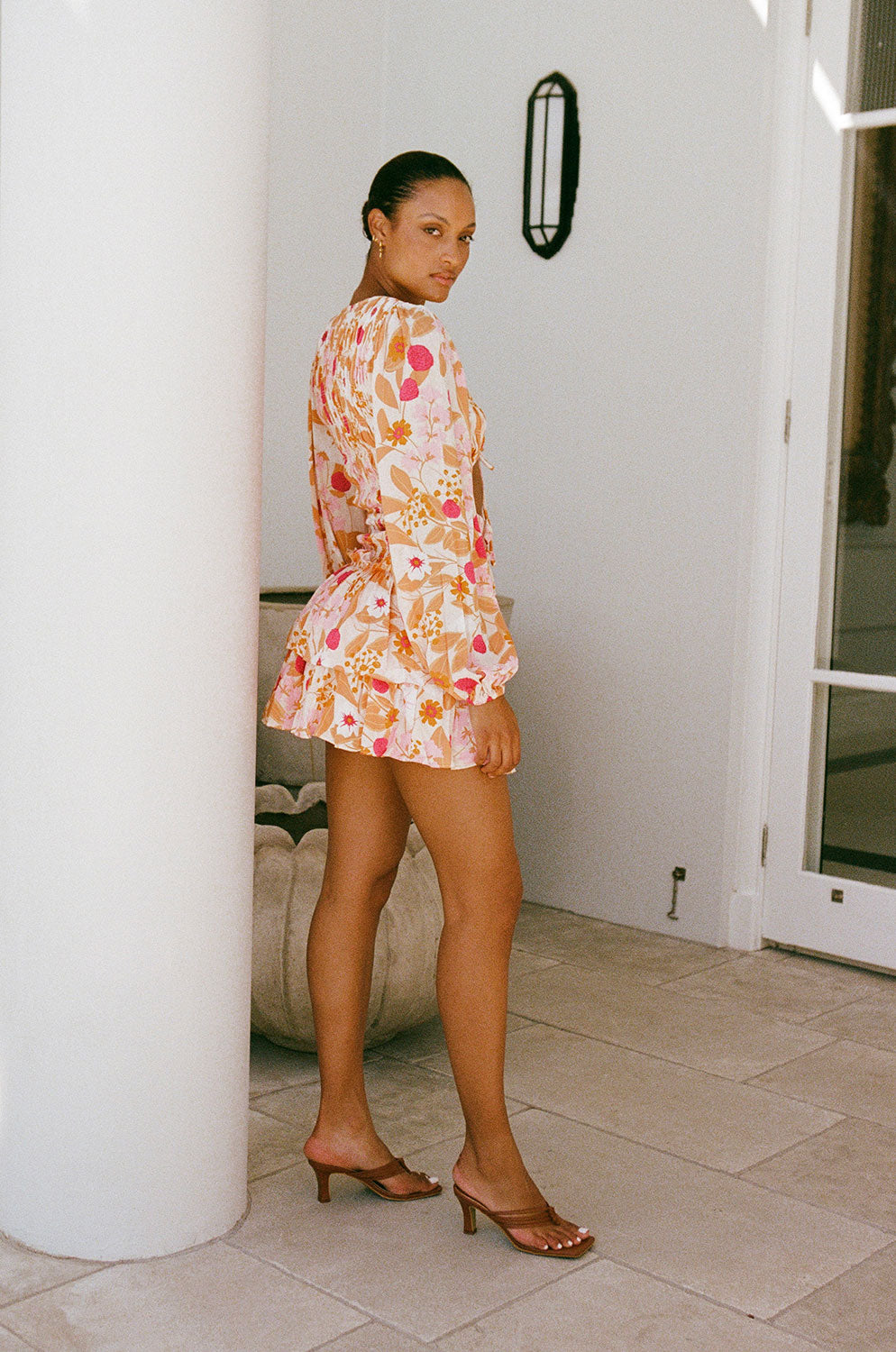 Sabo Exclusive Peach Bud Floral Print Crinkle Lorde Cut - Out Dress