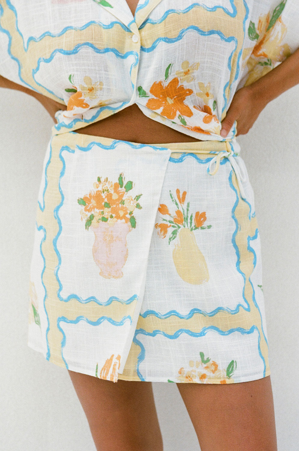 Women's Wrap-style Flower Pots Print Natural Cheesecloth Korey Skirt