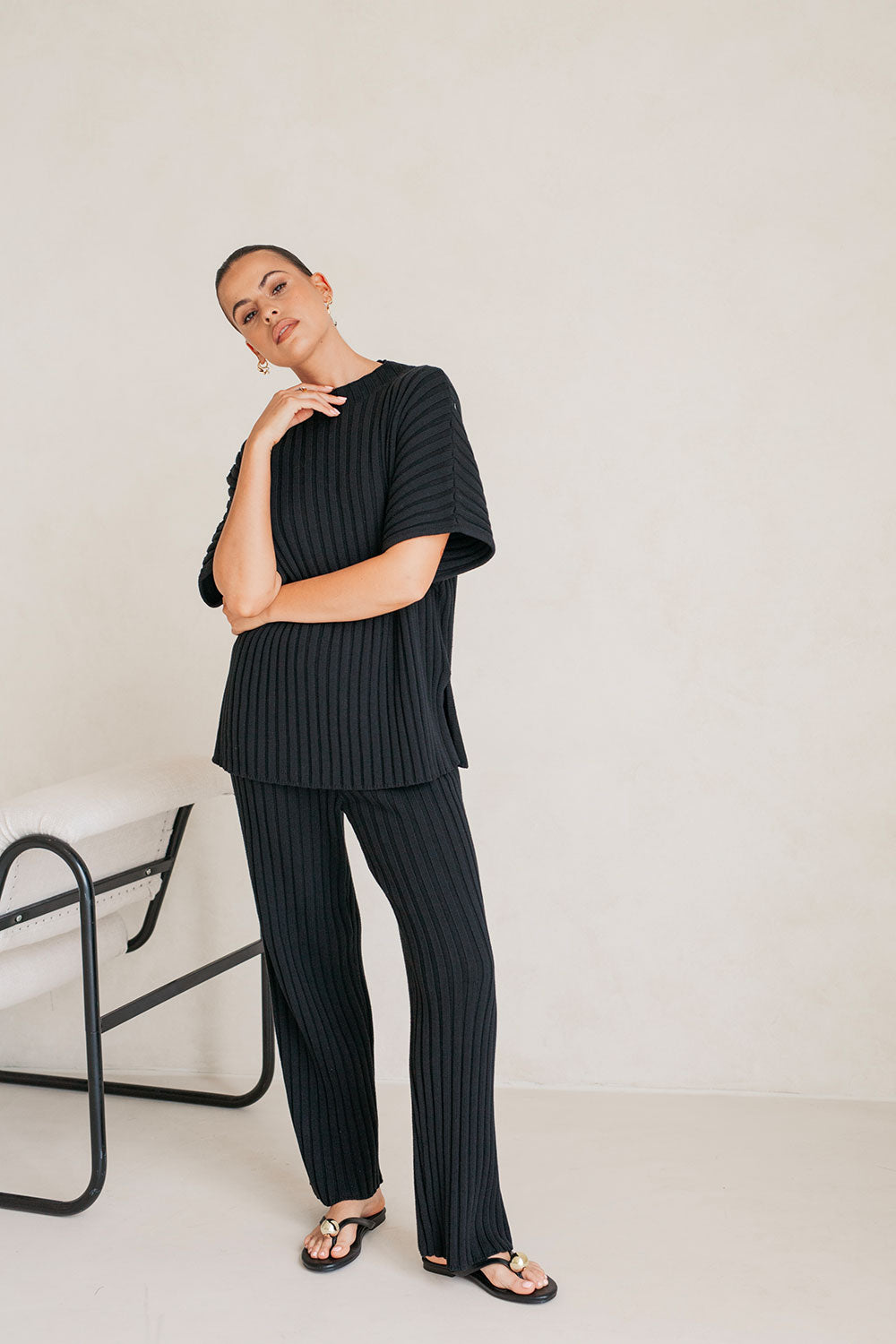 Stylish Black Ribbed Cotton Celine Pants with High Elastic Waist
