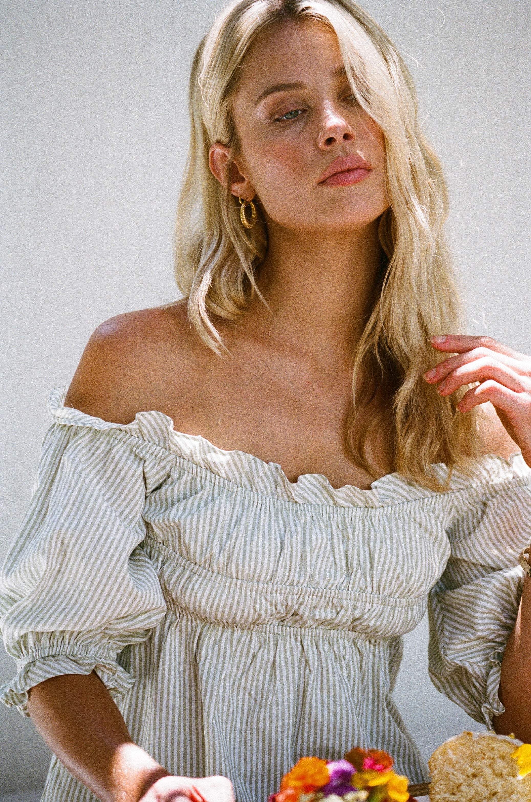 Elegant Blakely Off - Shoulder Dress with Sea Foam and White Stripes