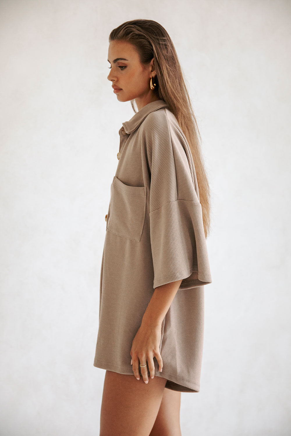 Tan Soft Ribbed Milena Playsuit for Effortless Everyday Style