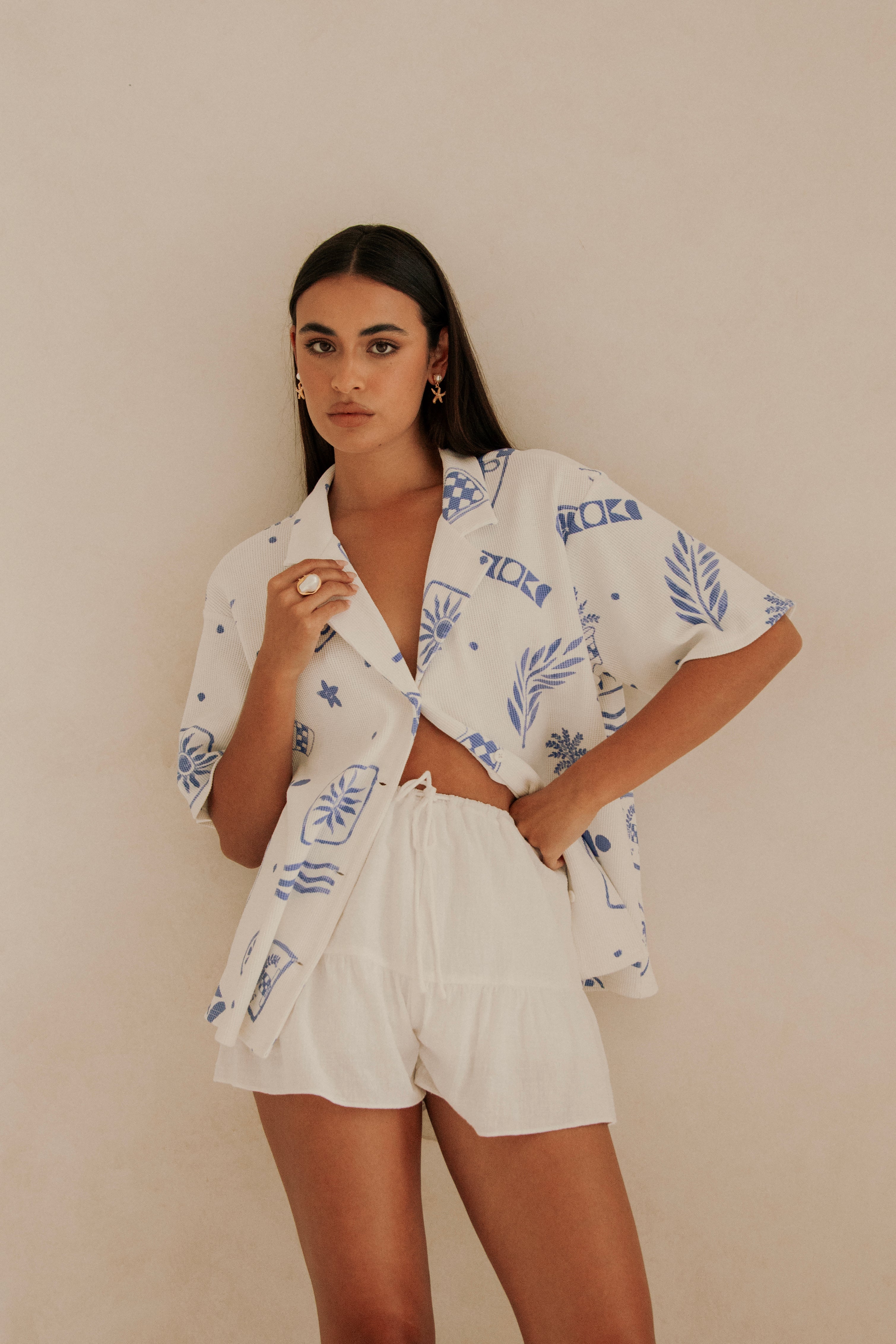 Women's Artefacts Blue Anika Waffle Cotton Casual Top