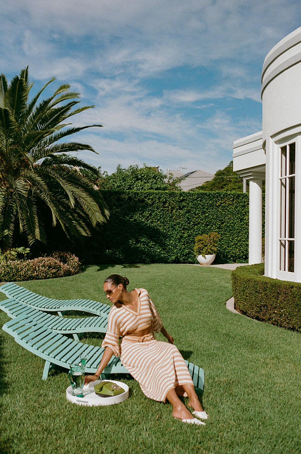 Vintage-Inspired Off-White Knit Midi Skirt with Contrast Stripes - Mati Style