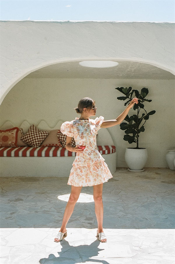 Exquisite Women's Belize Dress with Exclusive Peach Retro Floral Print
