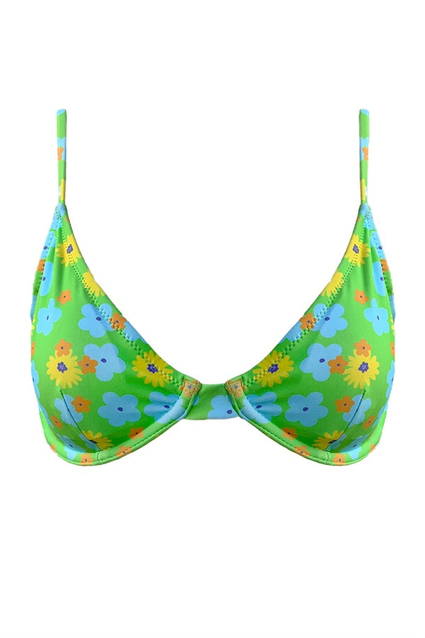 Exclusive Green Retro Floral Stretch Swim Sunny Balconette Top