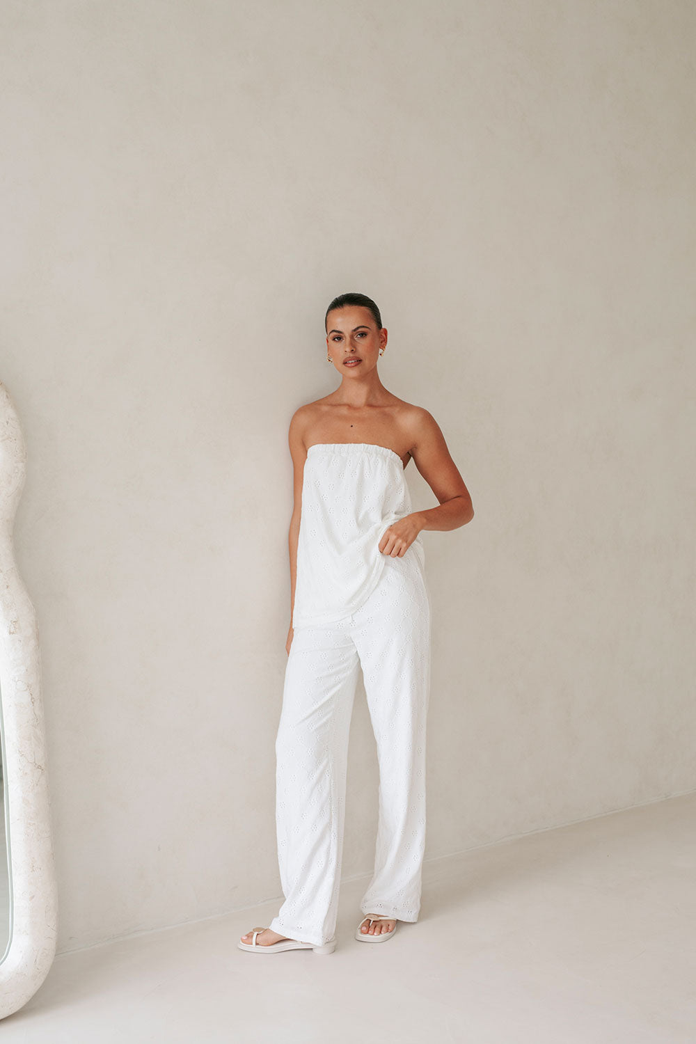 Unique White Ellira Pants with Yellow Elastic Waist