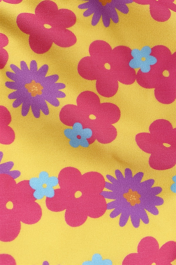 Exclusive Yellow Retro Floral Stretch Aster Scoop Neck Swim Top