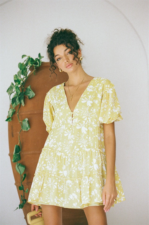 Stylish Yellow Floral Print Tarelle Women's Dress