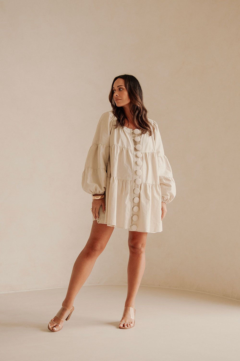 Beige High - Quality Natural Cotton Tiered Palmer Dress with Puff Sleeves