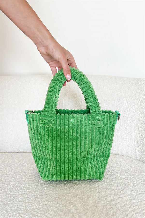 Adorable Green Minky Cord Fabric Handbag with Detachable Crossbody Strap