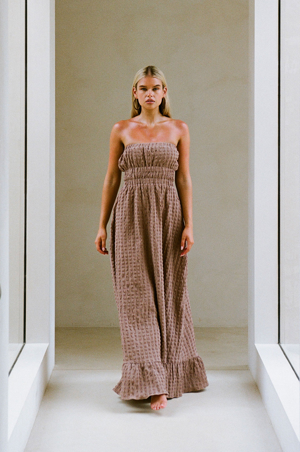 Chocolate Brown Textured Bubble Fabric Strapless Maxi Mya Dress