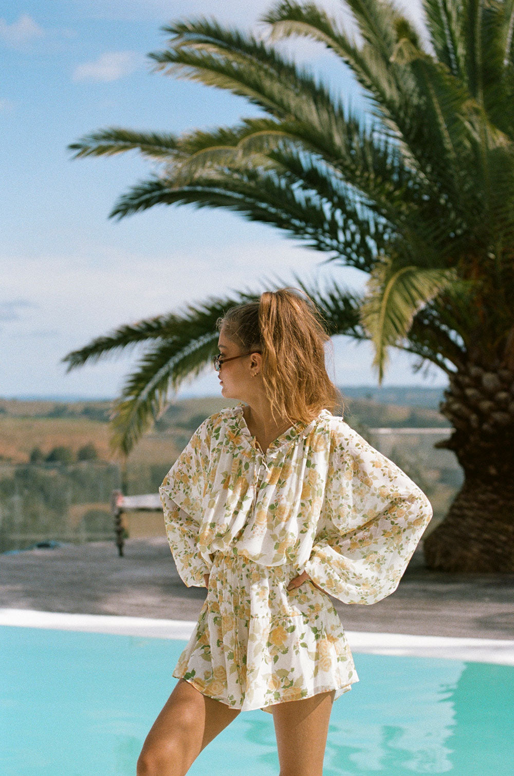 Sabo's Exclusive Dusty Lemon Floral Print Cinco Top with Luxurious Chiffon