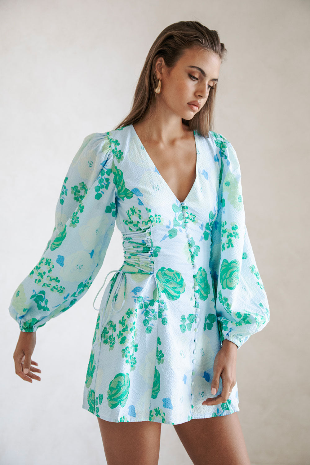 Stylish Corsage Blue Harri Button Dress with Puff Sleeves