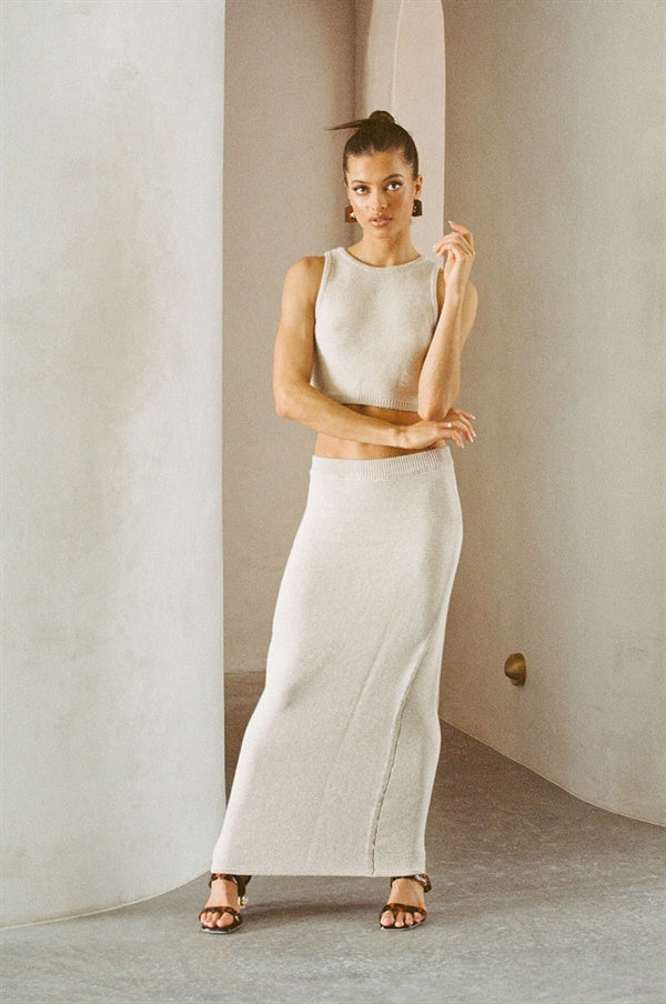 Tan Heather Knit Skirt with Elasticated Waist and 7/8 Length