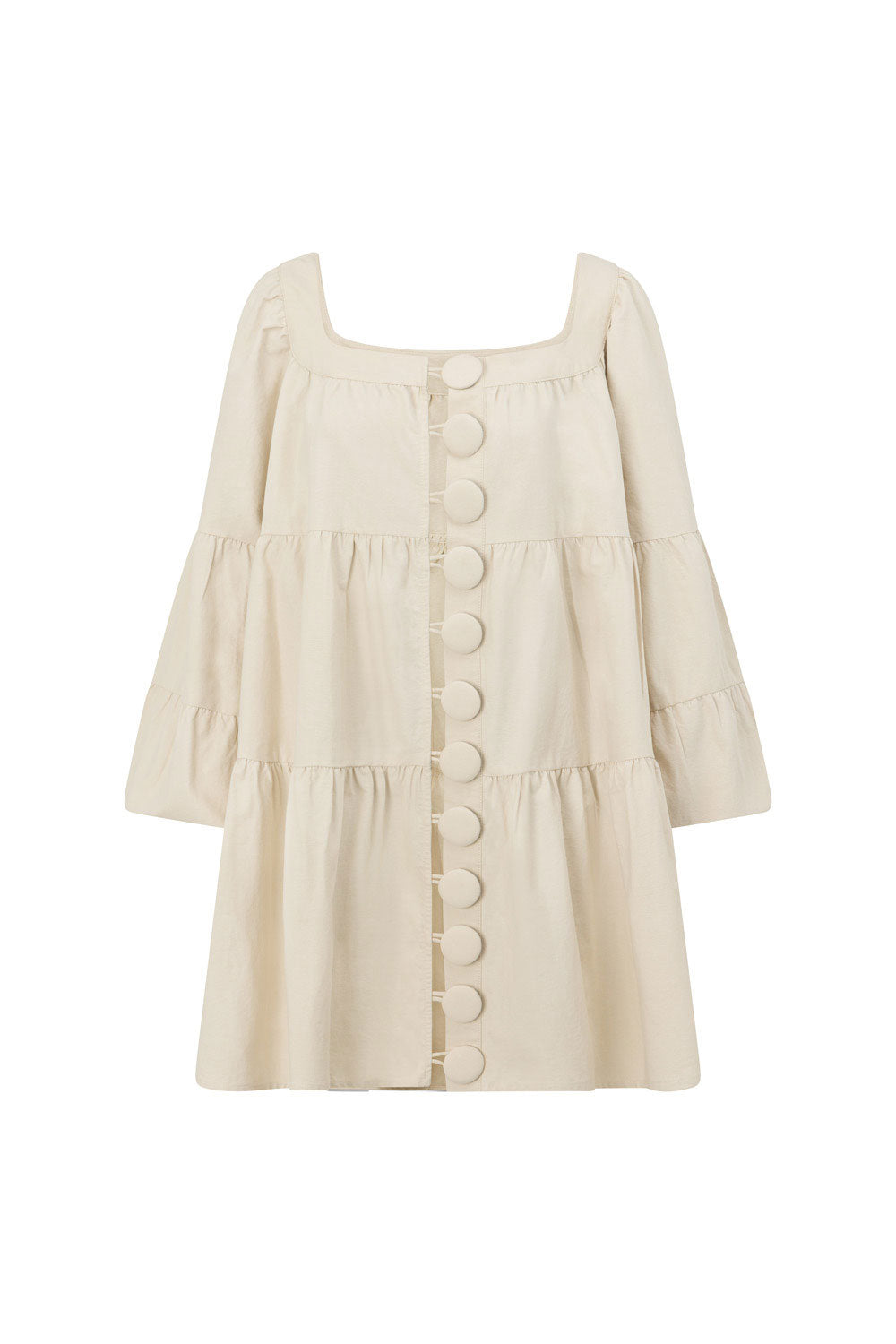 Beige High - Quality Natural Cotton Tiered Palmer Dress with Puff Sleeves