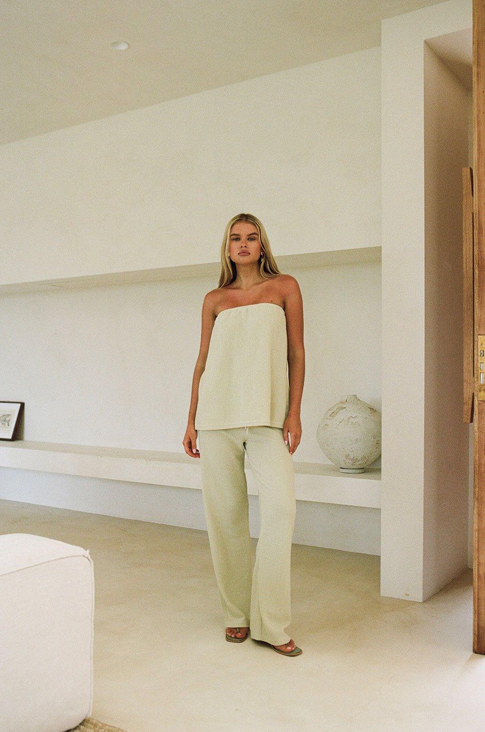 Comfortable Creamy Sage Textured High Waisted Ellira Pants with Drawstring