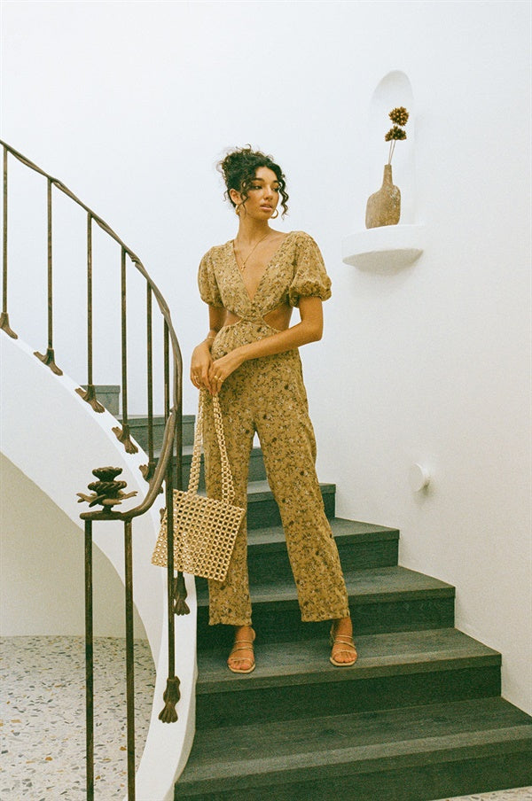 Festive Tan Floral Print Chiffon-feel Lexii Women's Jumpsuit