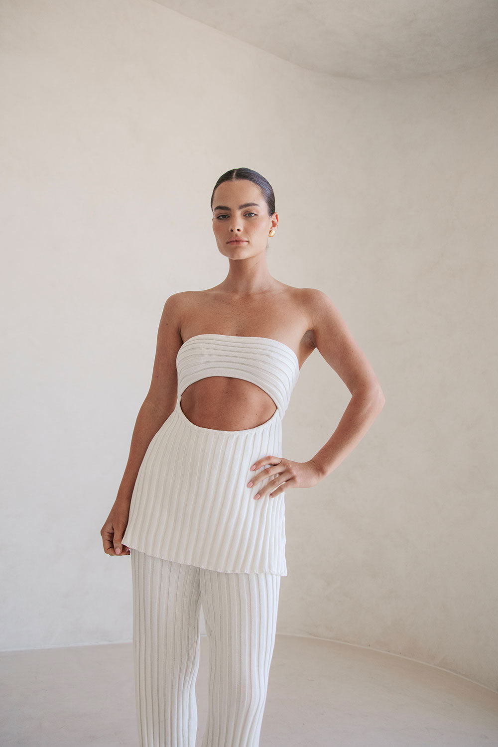 Exclusive White Natural Ribbed Knit Strapless Stevie Top