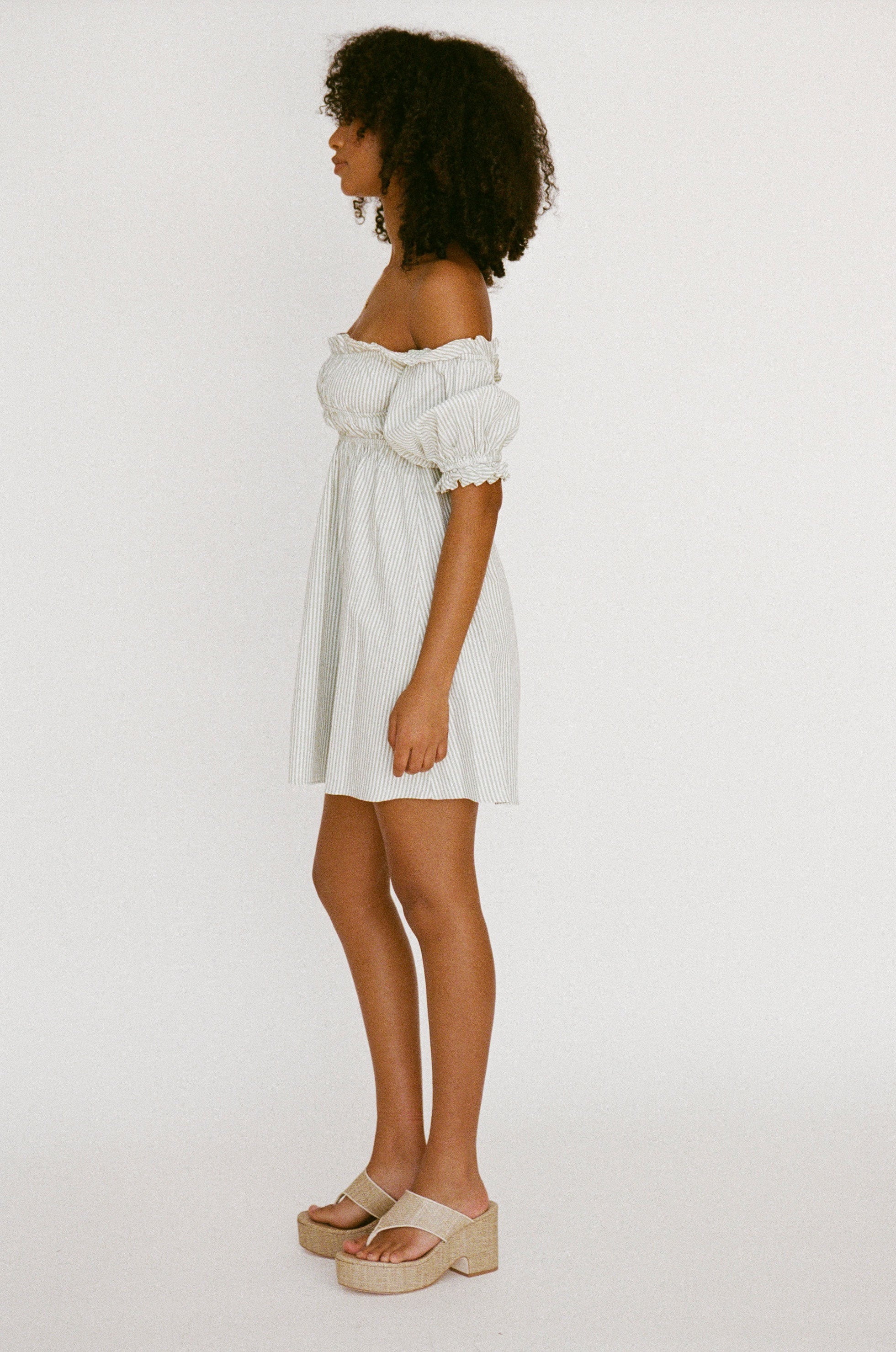 Elegant Blakely Off - Shoulder Dress with Sea Foam and White Stripes