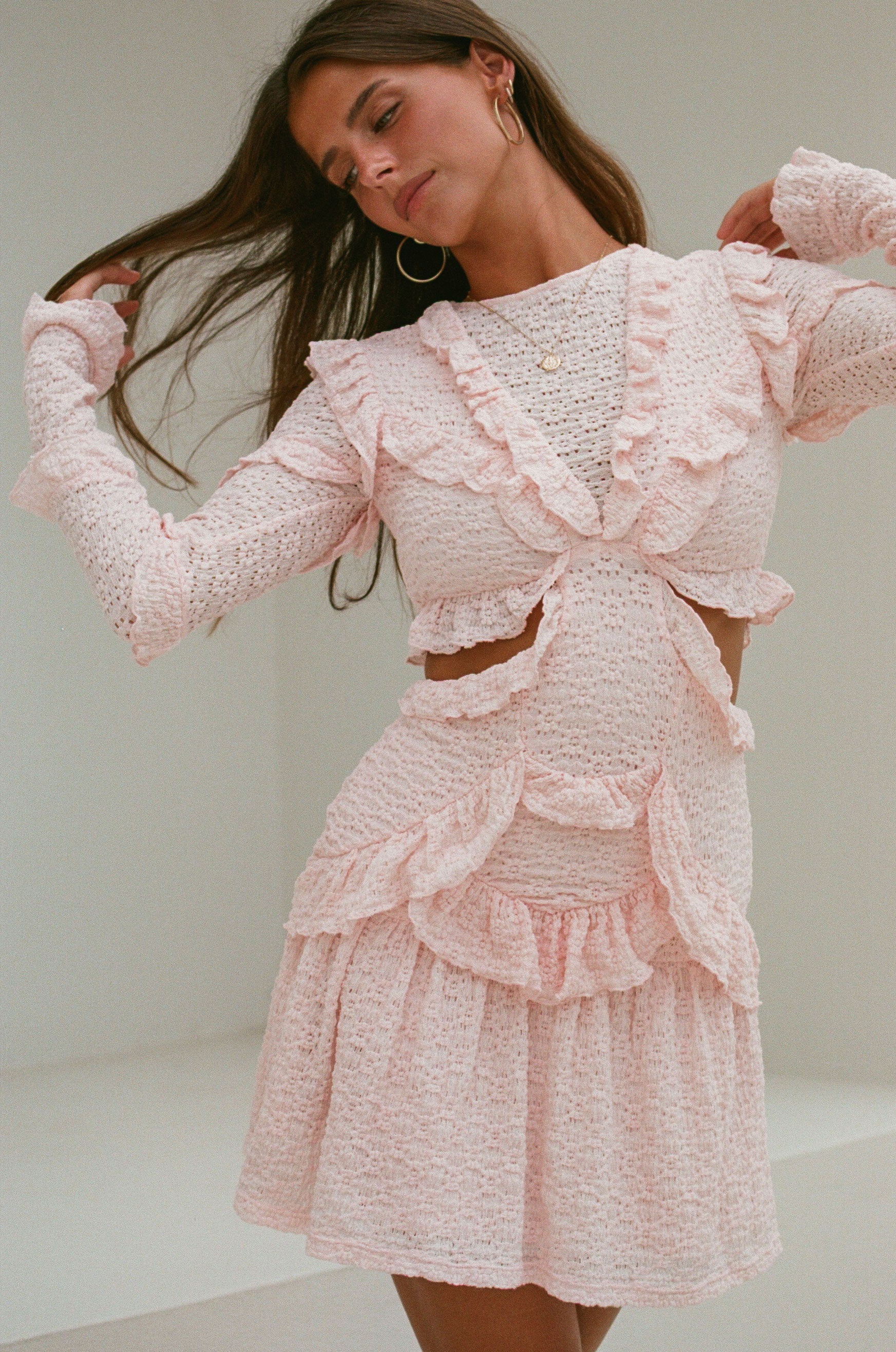 Sabo's Exclusively Designed Soft Pink Feminine Dara Frilled Evening Dress