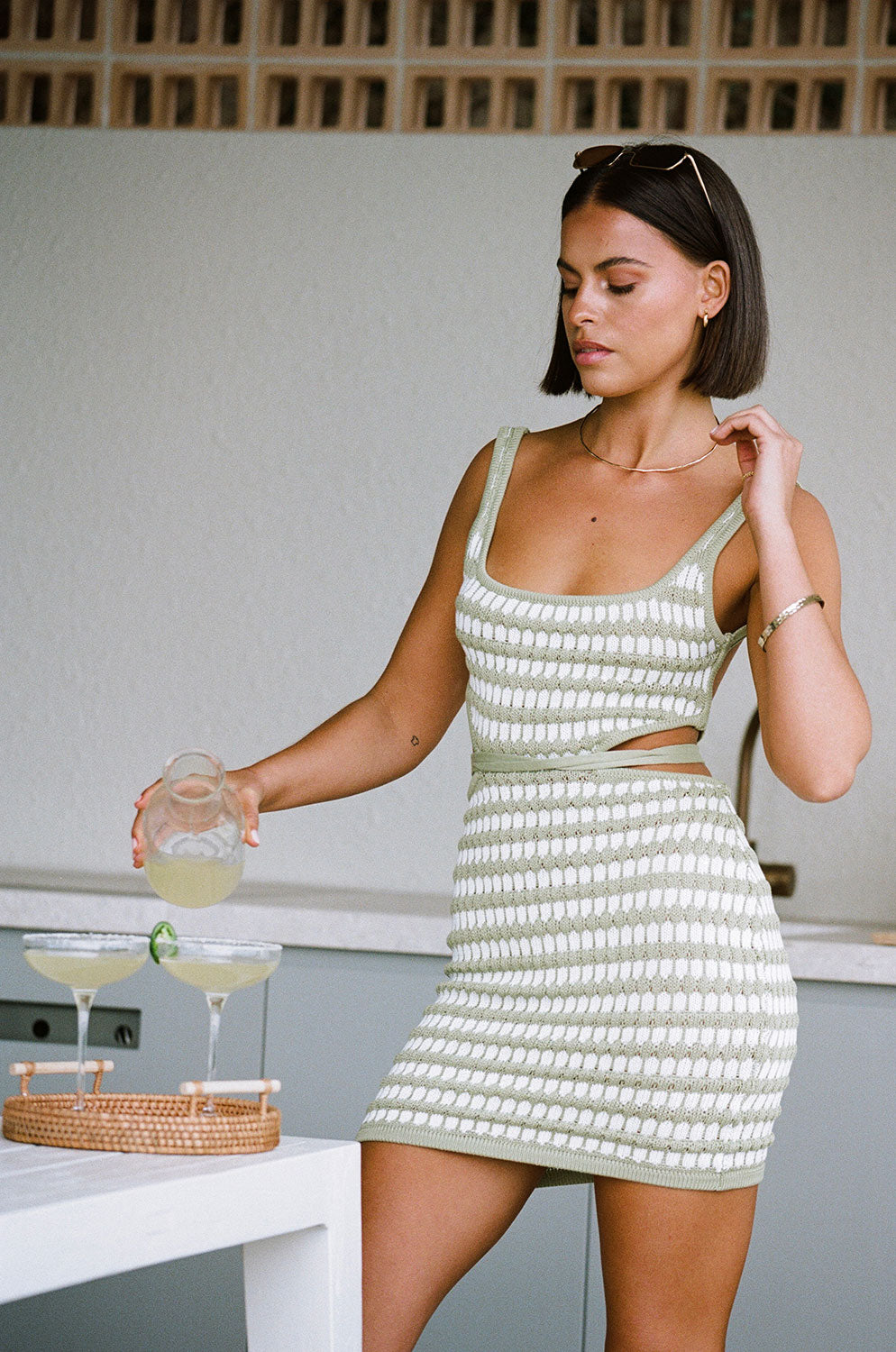 Vintage-Inspired Khaki and White Striped Backless Camelia Mini Dress