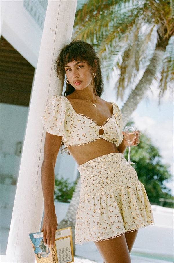 Stylish Yellow Floral Print Lexa High - Waisted Cotton Blend Skirt
