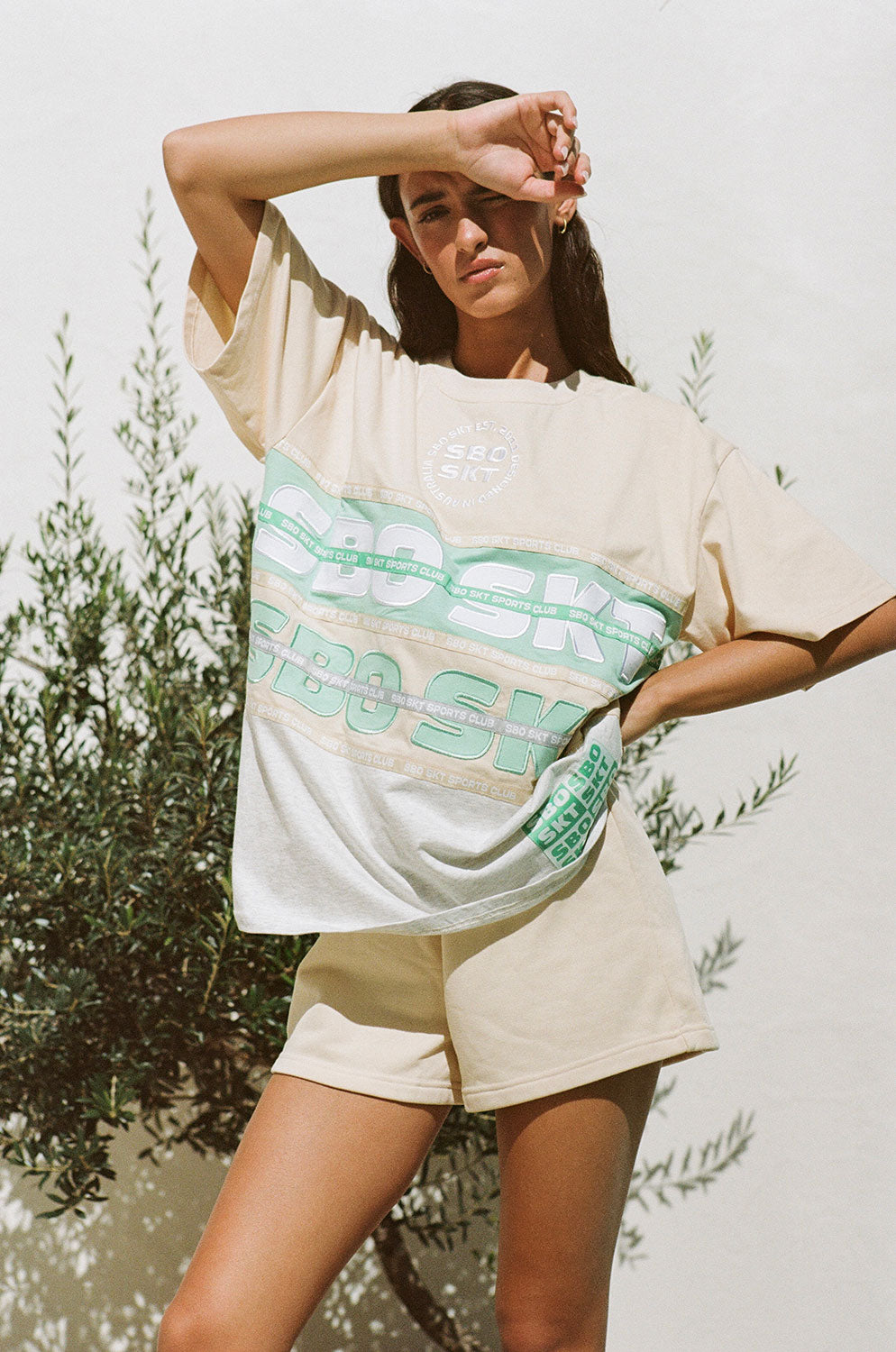 Unisex Cream, Green and Marl Grey Cotton Blend Roman Relaxed Tee Top