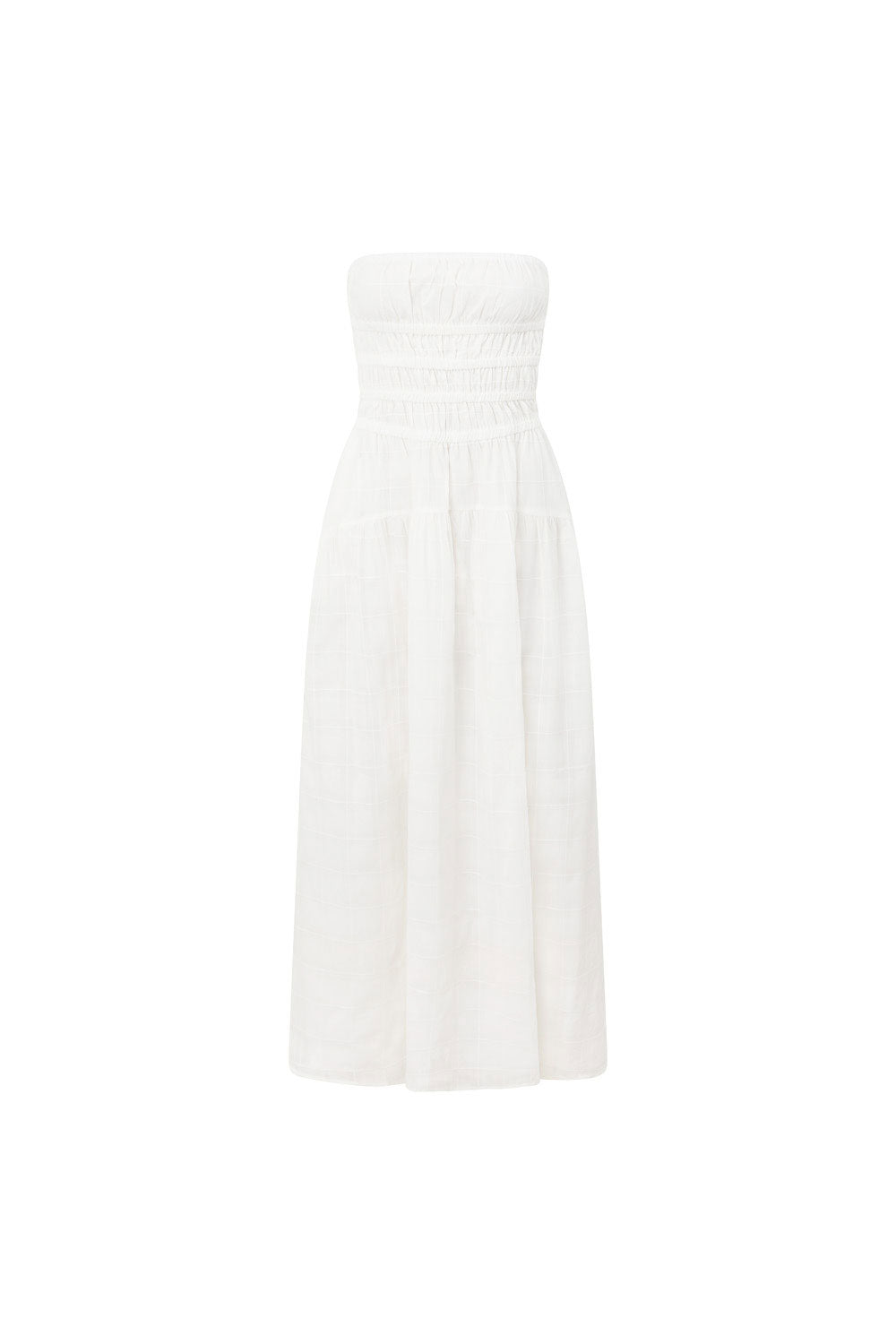 Elegant White Self - Check Cotton Strapless Delta Maxi Dress